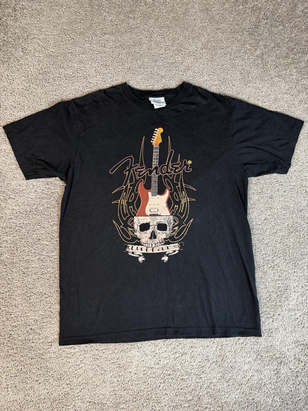 Fender Shirt Mens XL Black Guitar Skull Graphic Crew Neck Cotton Jersey